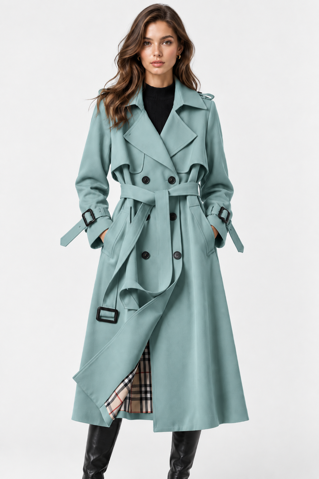Trench Lungo Doppiopetto con Cintura Donna