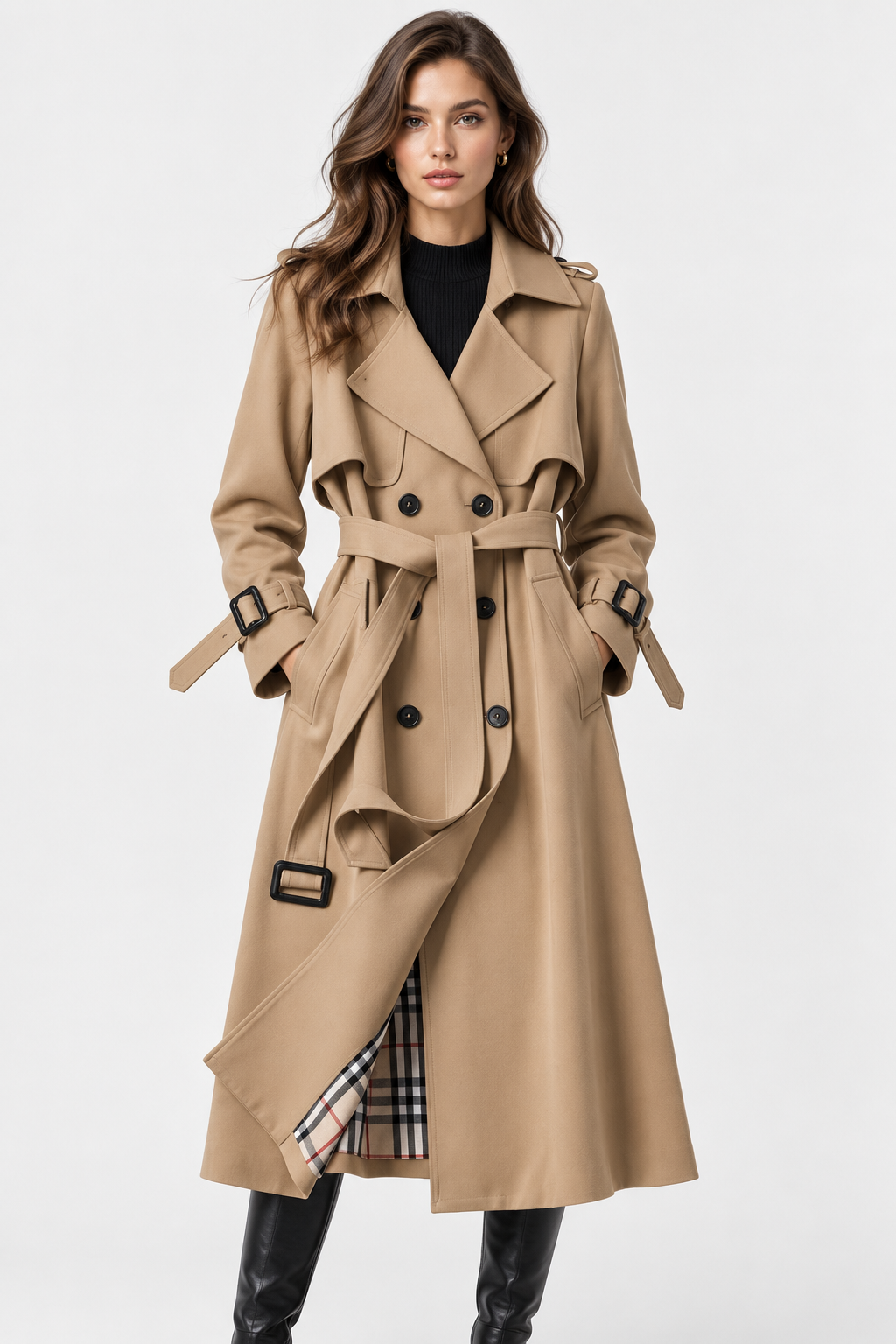 Trench Lungo Doppiopetto con Cintura Donna