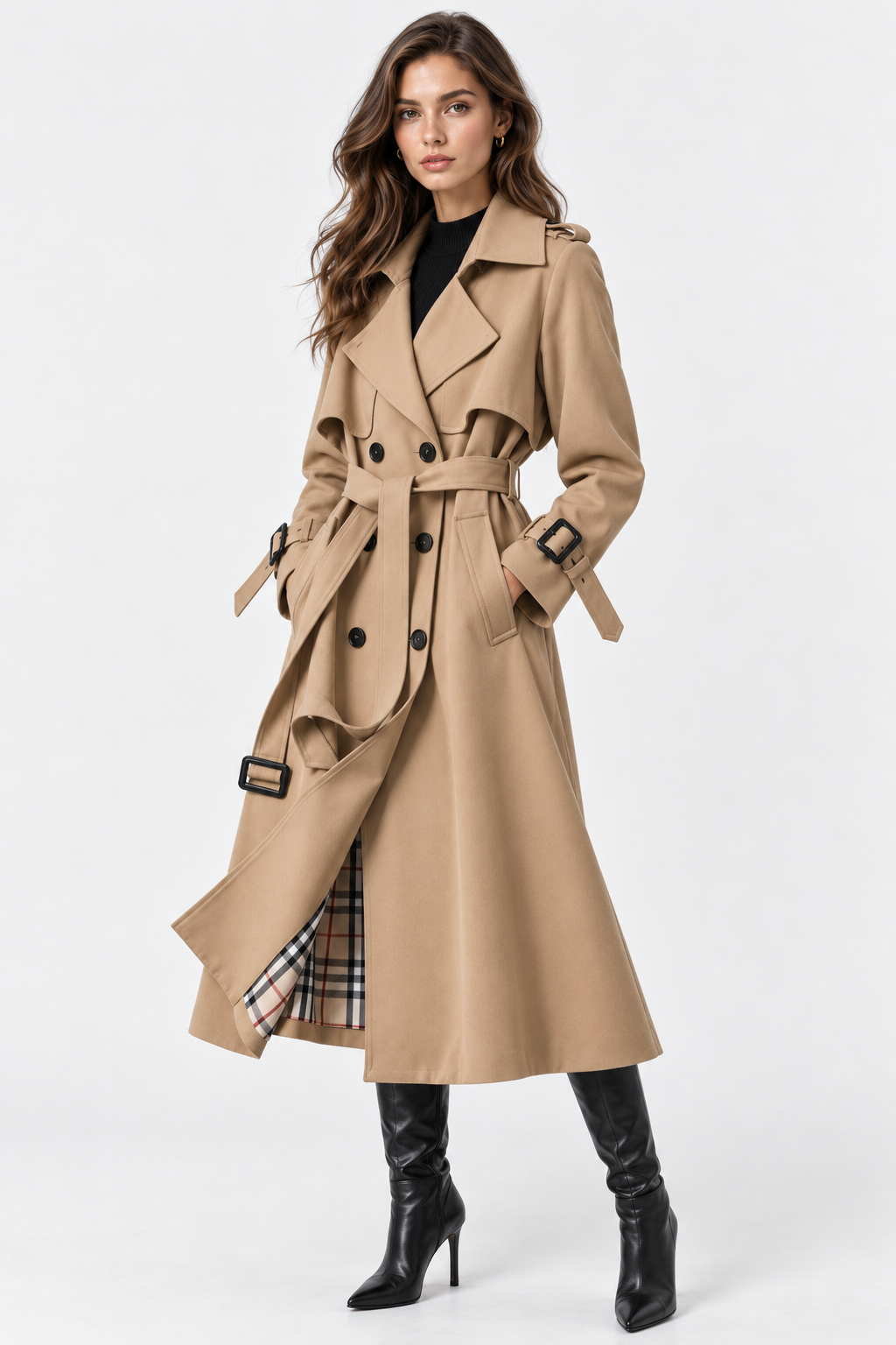 Trench Lungo Doppiopetto con Cintura Donna